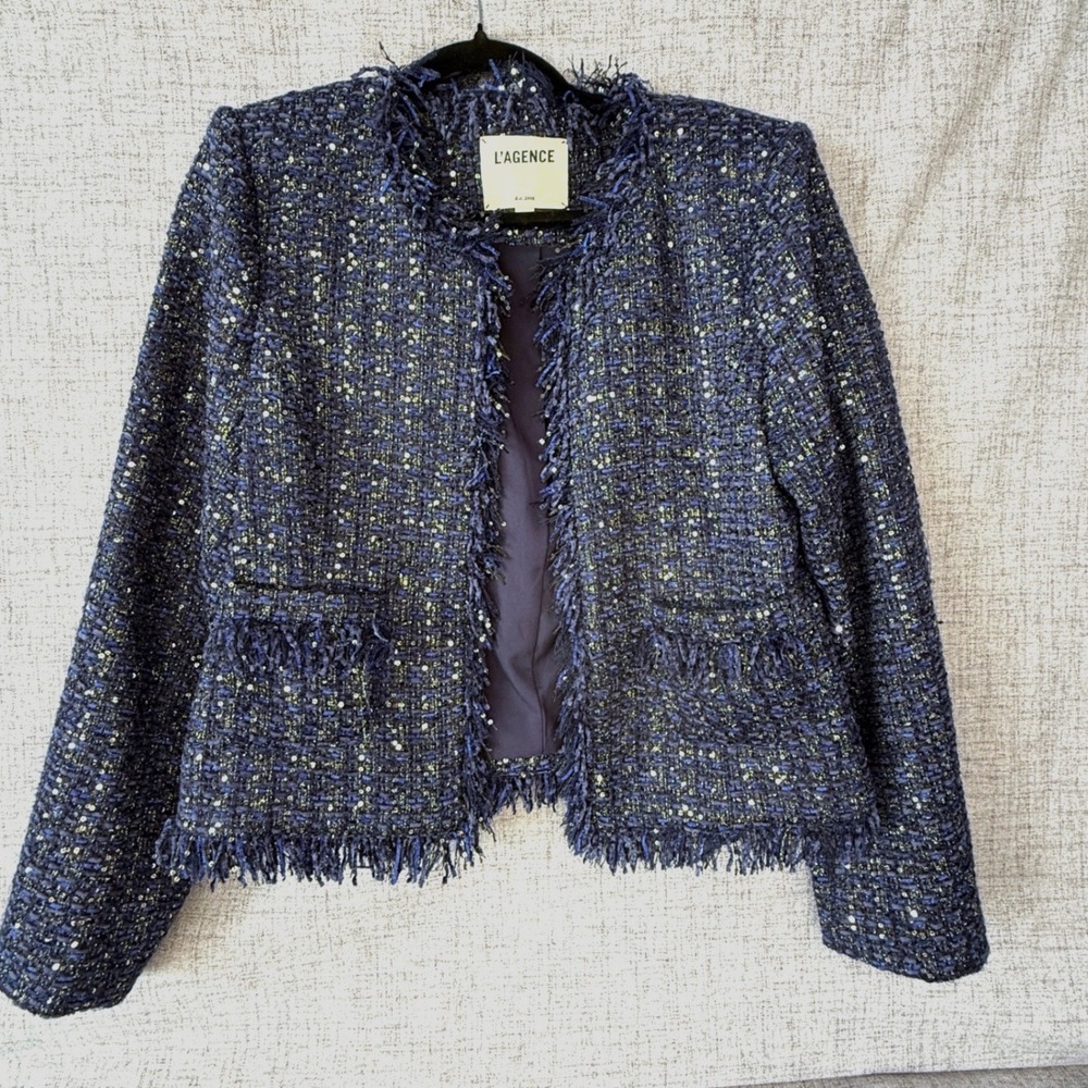 L'AGENCE Blue Metallic Tweed Fringe Open Front Jacket Gold Crest Buttons Size 10